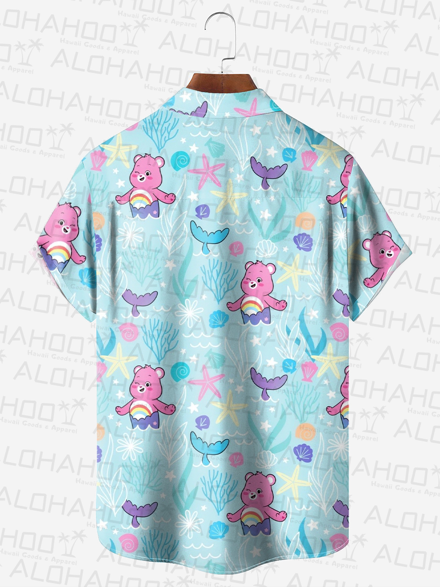 Men's Hawaiian Shirt Cartoon Bear Mermaid Print Beach Easy Care Short Sleeve Shirt