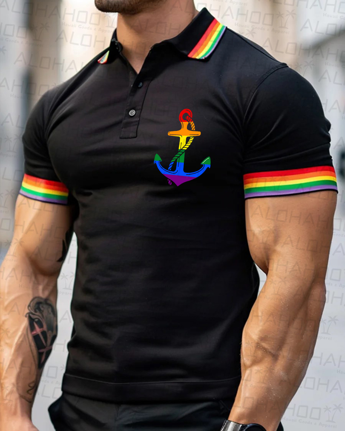 Men's Rainbow Stripes Anchor Pride Polo Shirt