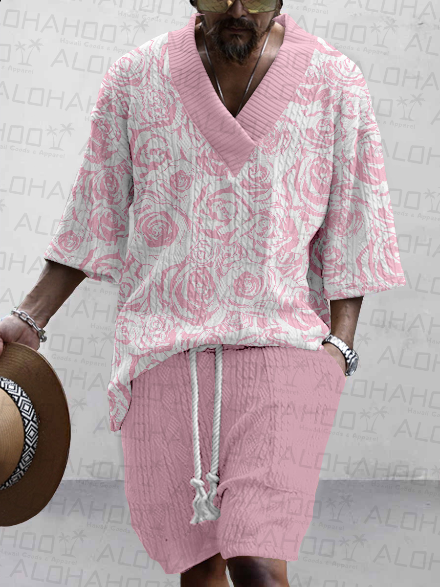 Men's Sets Summer Doll Pink Style Rose Print Two-Piece Knit Shirt Shorts Set