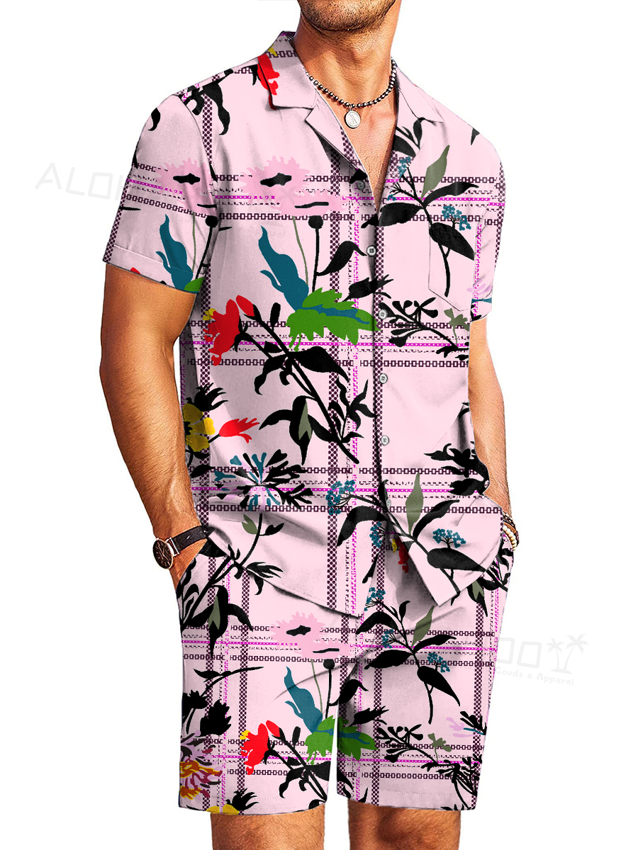 Men's Sets Stylish Plaid Print Button Pocket Two-Piece Hawaiian Shirt Shorts Set