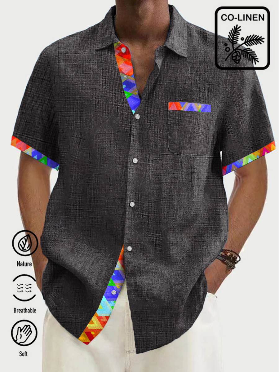 Men's Cotton-Linen Shirts Summer Geometry Patchwork Lightweight Hawaiian Shirts