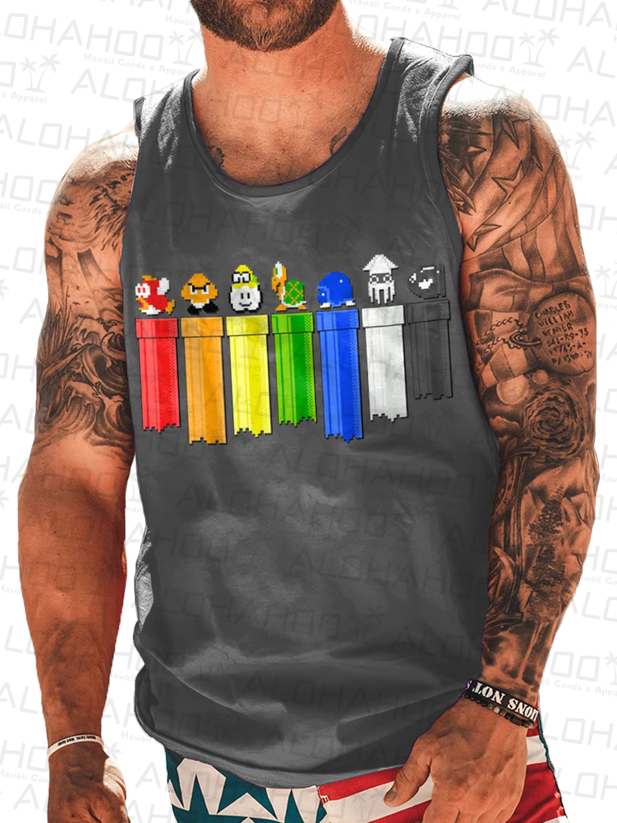Nostalgic Game Art Print Crew Neck Tank Top Muscle Tee