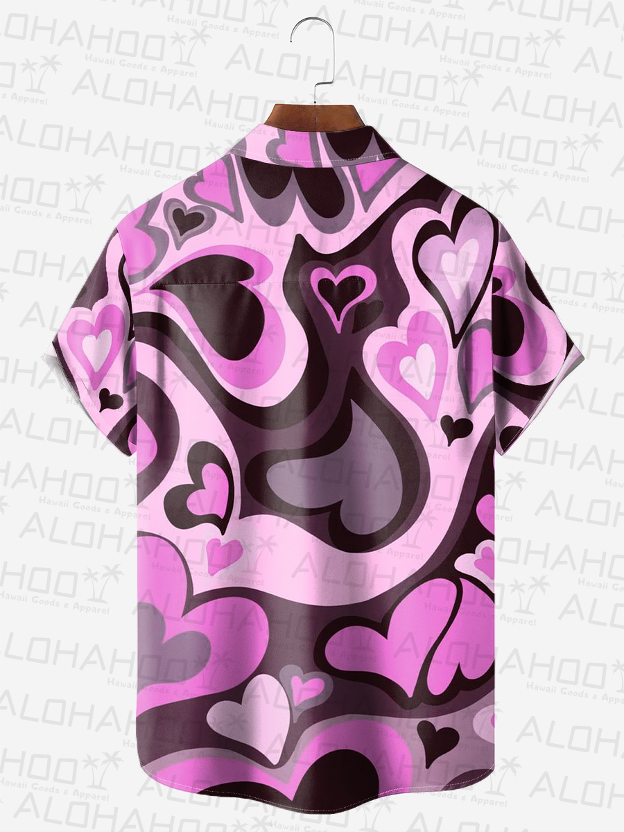 Men's Hawaiian Shirt Heart Print Pink Doll Style Beach Easy Care Short Sleeve Shirt