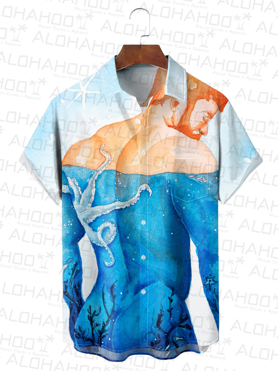 Hawaiian Octopus Art Print Chest Pocket Casual Shirt