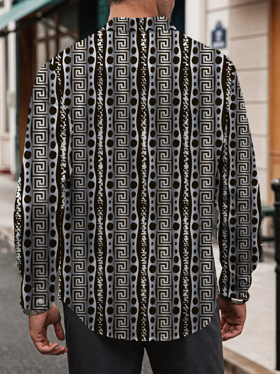 Retro Greek Stripes Print Long Sleeve Hawaiian Shirt