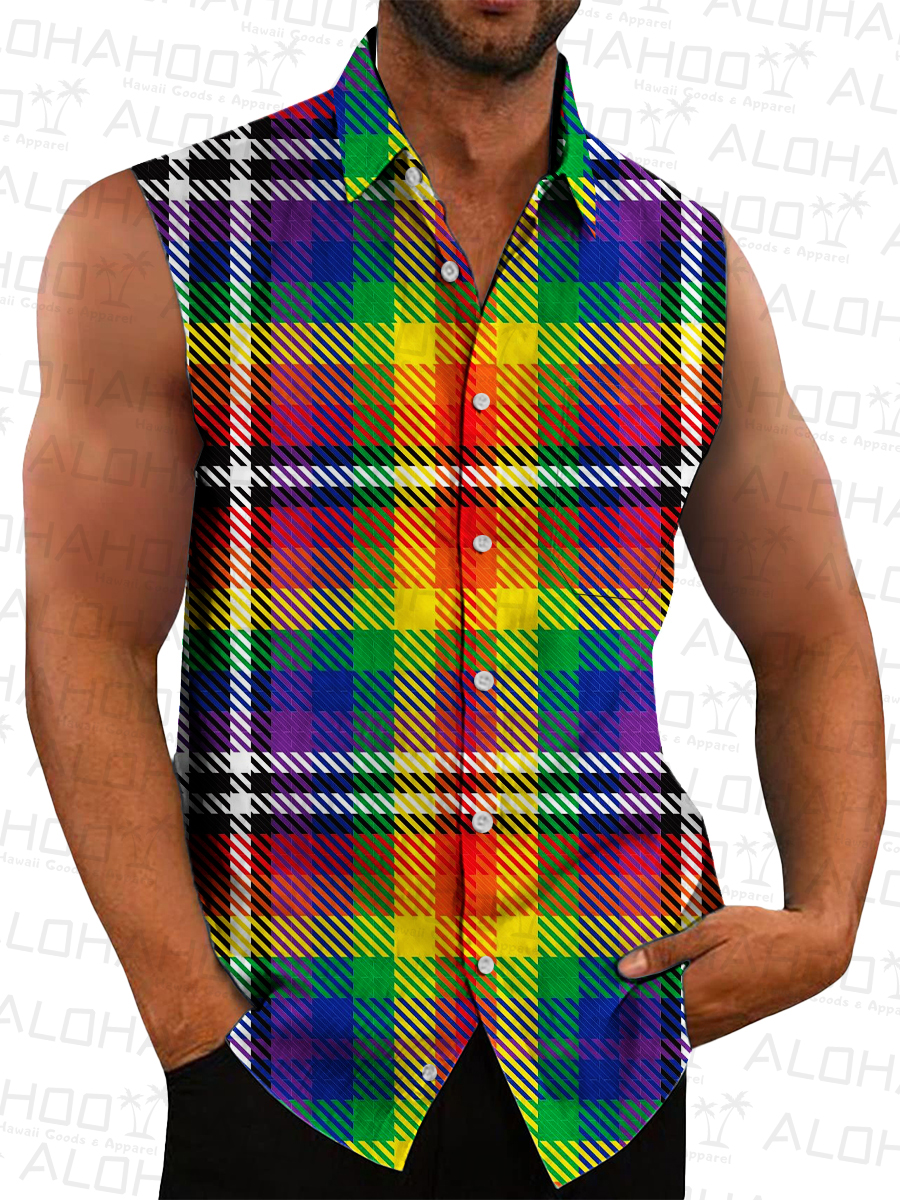 Men's Hawaiian Shirts Multicolor Plaid Print Sleeveless Shirts
