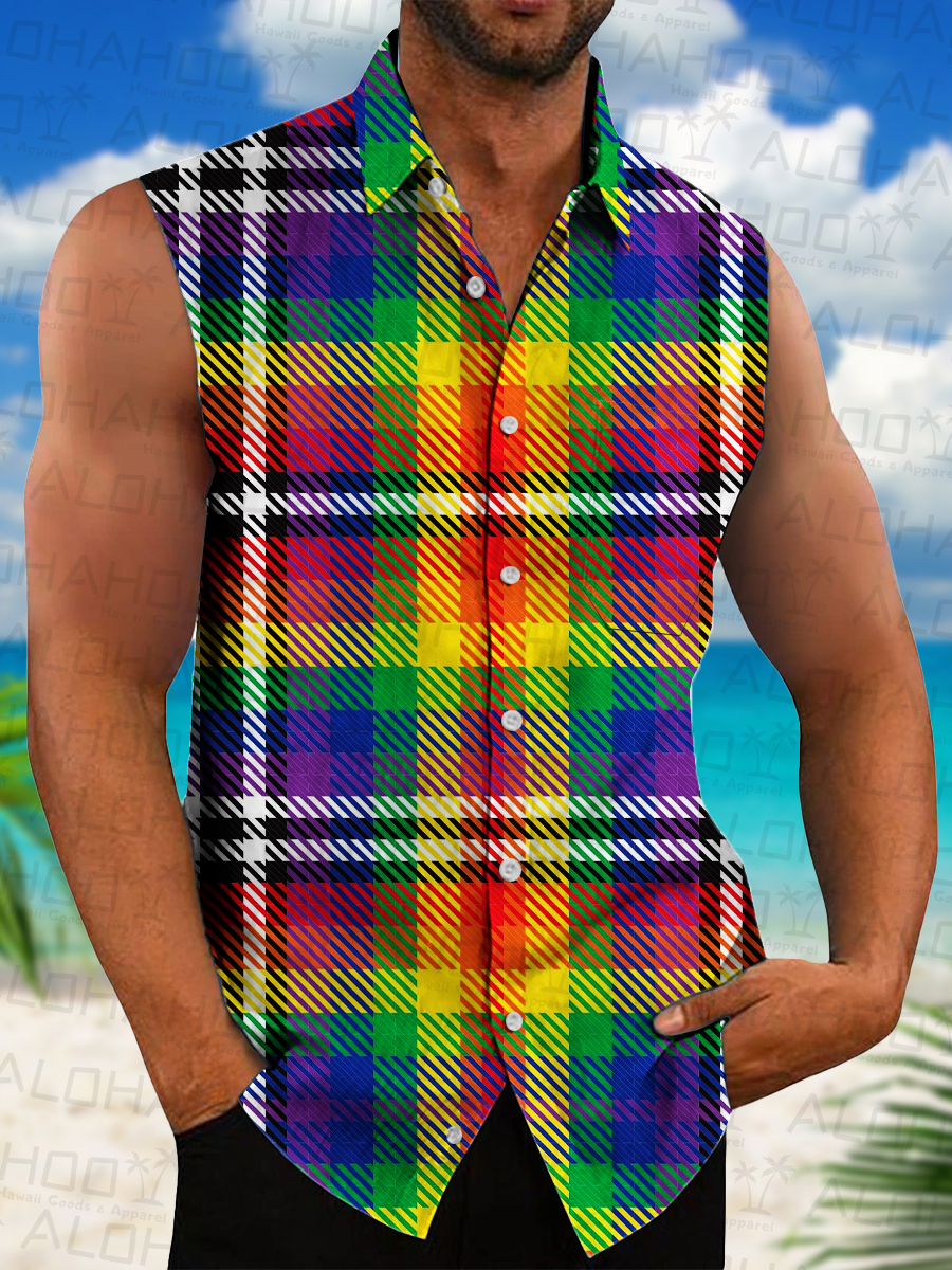 Men's Hawaiian Shirts Multicolor Plaid Print Sleeveless Shirts