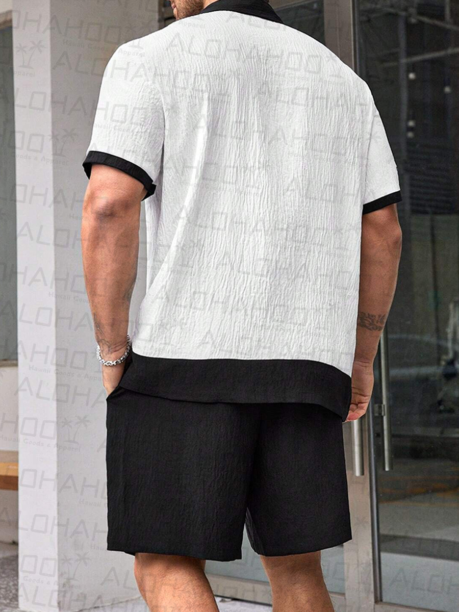 Men's Sets Casual Coconut Tree Button Down Wrinkle Free Seersucker Two-Piece Shirt Shorts