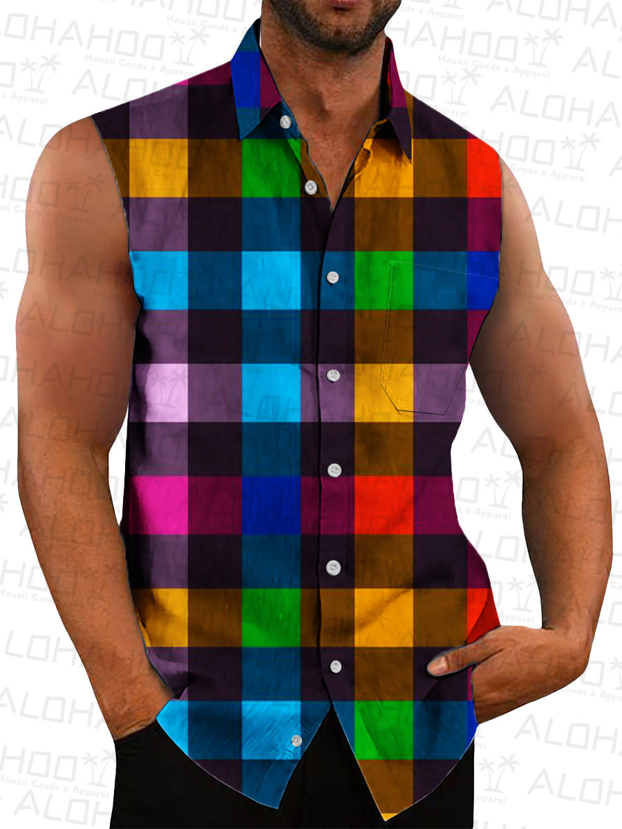 Men's Hawaiian Shirts Colorful Plaid Print Sleeveless Shirts
