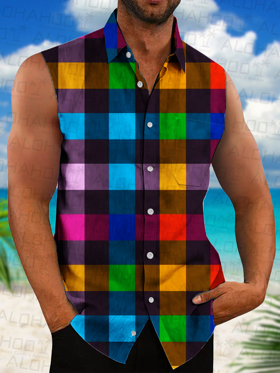 Men's Hawaiian Shirts Colorful Plaid Print Sleeveless Shirts