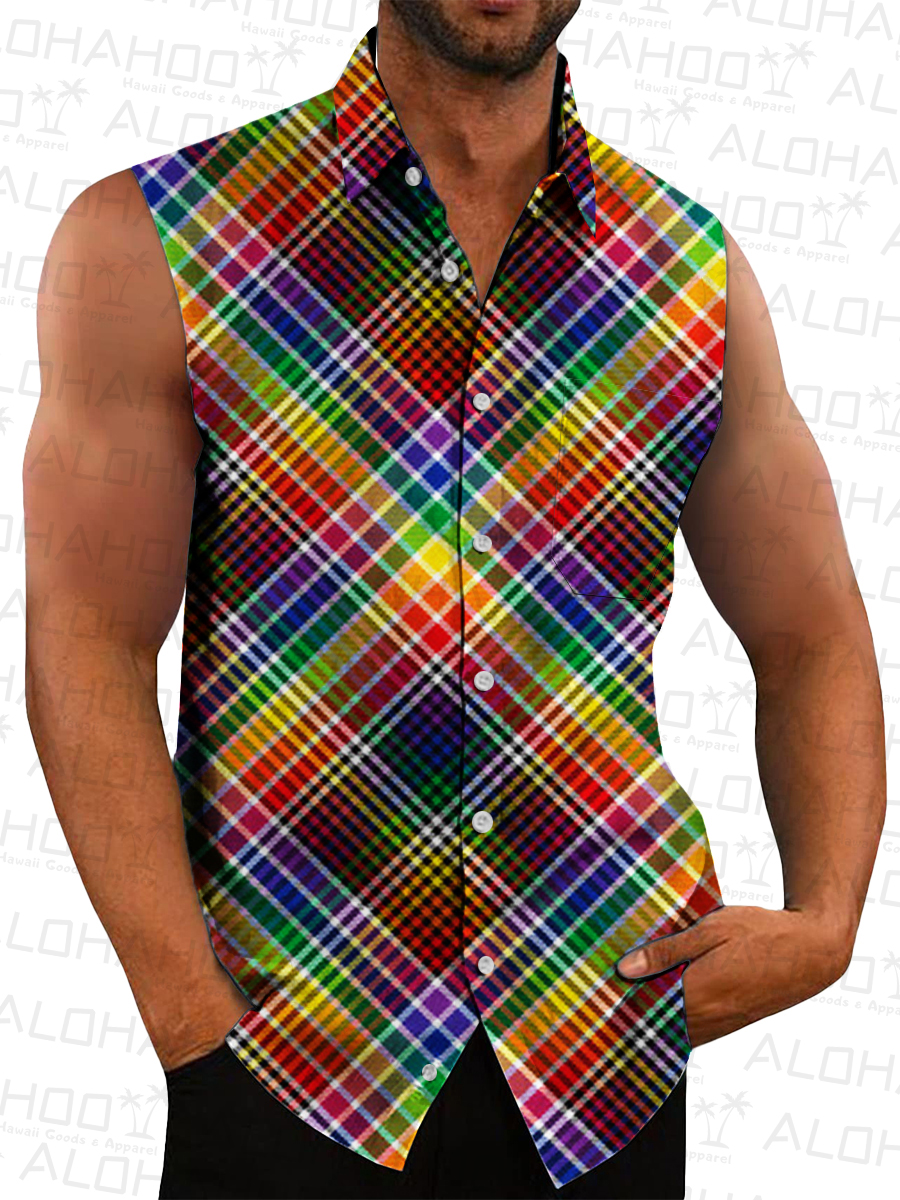 Men's Hawaiian Shirts Rainbow Plaid Print Sleeveless Shirts
