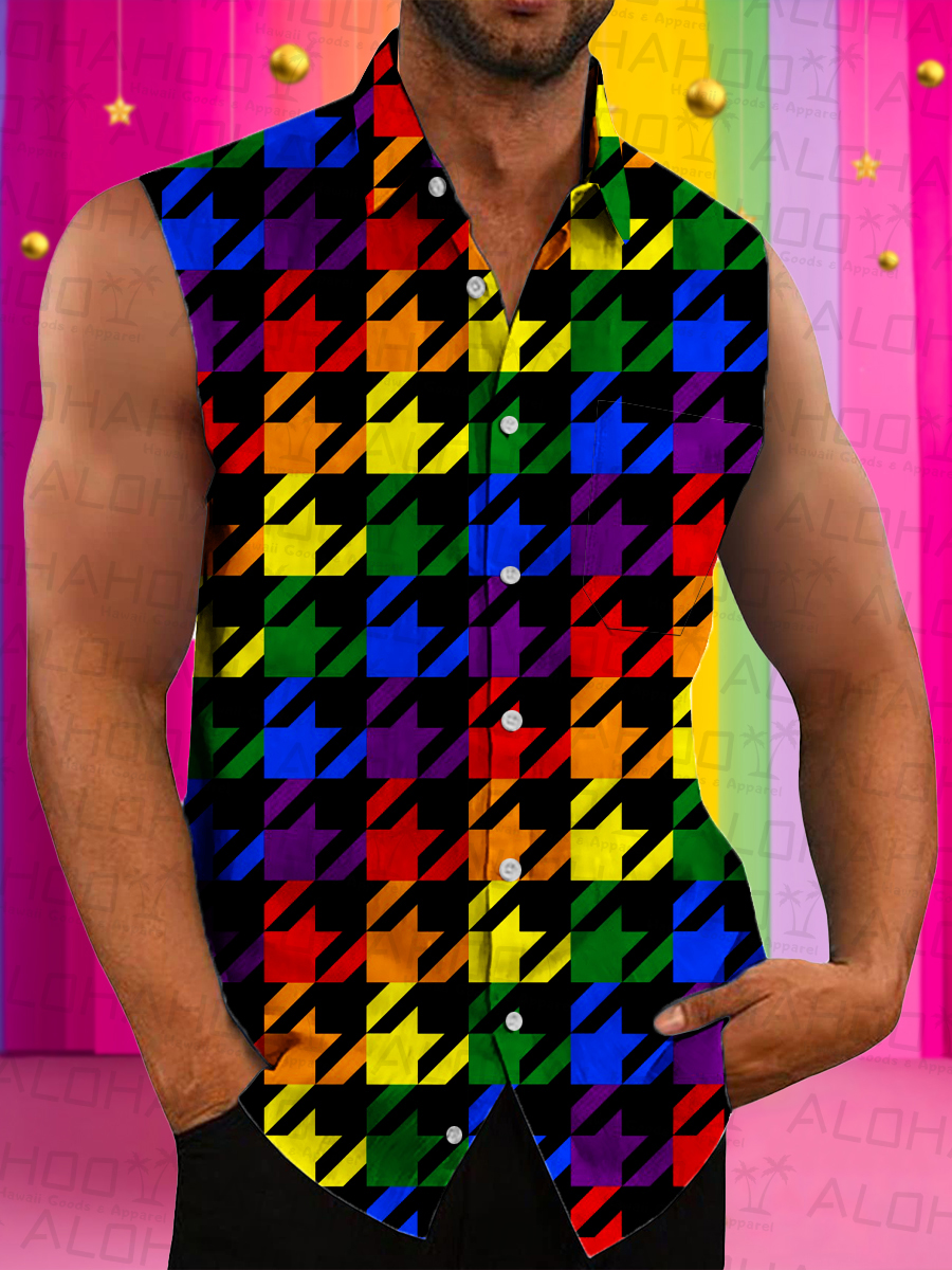 Men's Hawaiian Shirts Rainbow Plaid Print Sleeveless Shirts