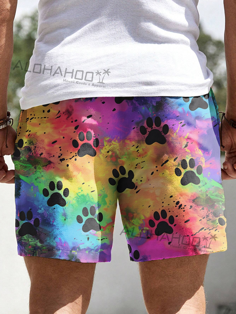Alohahoo X Artist  Holiday Rainbow Pride Bear Claws Print Beach Shorts