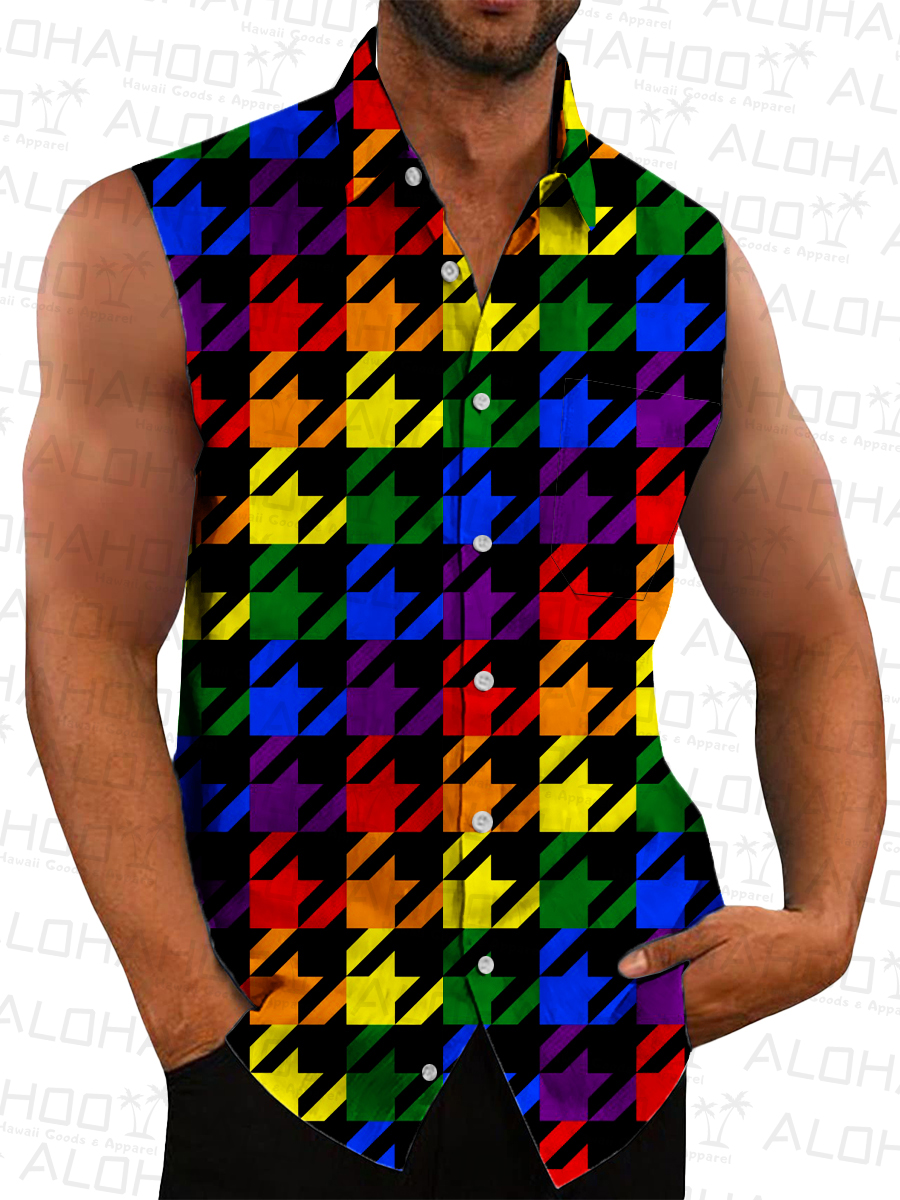 Men's Hawaiian Shirts Rainbow Plaid Print Sleeveless Shirts