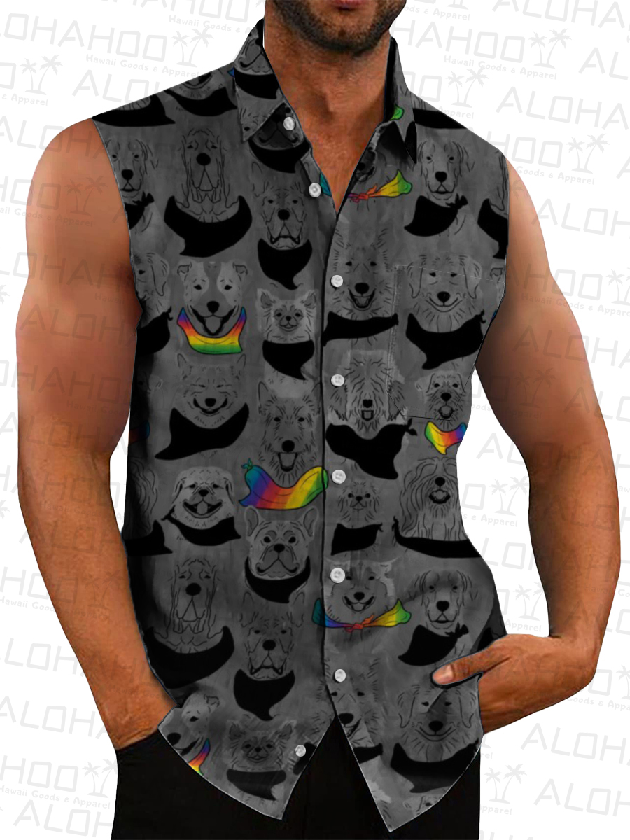 Men's Hawaiian Shirts Rainbow Dogs Print Sleeveless Shirts
