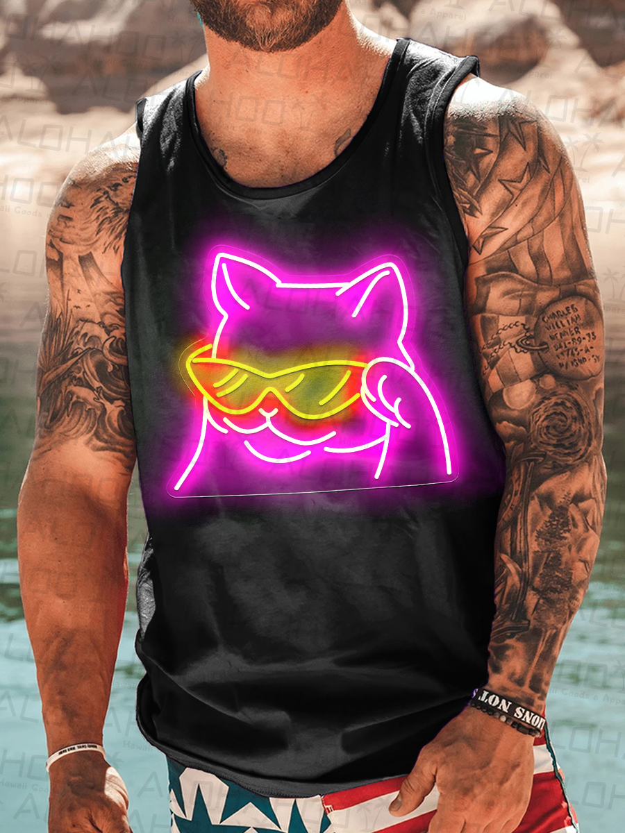 Men's Fun Neon Cat Art Pattern T-Shirt