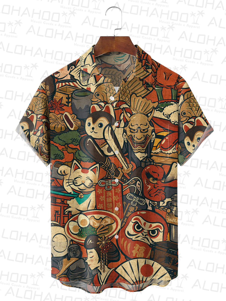 Men's Hawaiian Shirt Japanese Style Art Print Beach Easy Care Short Sleeve Shirt