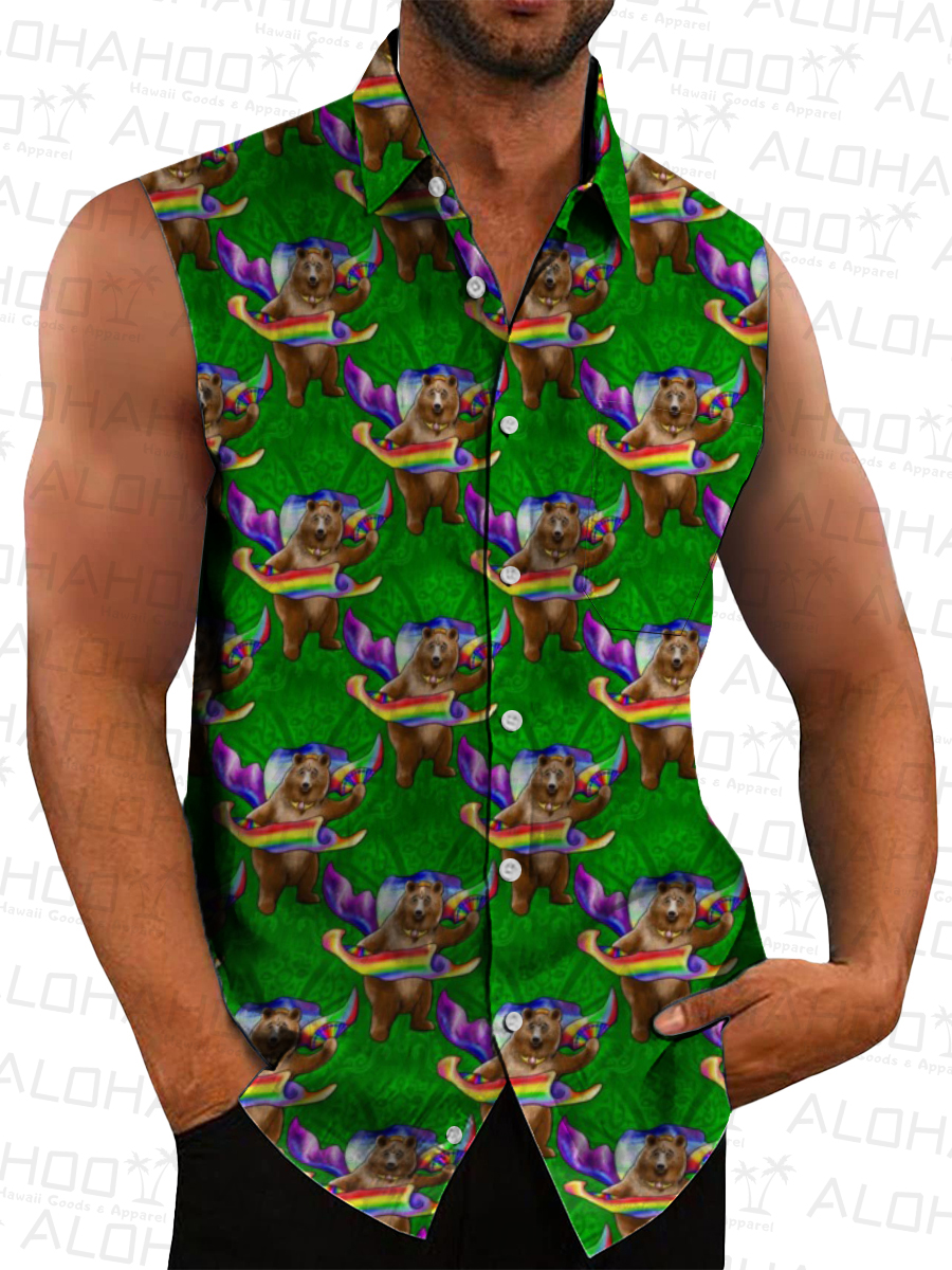Men's Hawaiian Shirts Fun Bear Pride Art Print Sleeveless Shirts