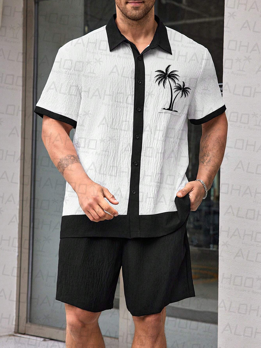 Men's Sets Casual Coconut Tree Button Down Wrinkle Free Seersucker Two-Piece Shirt Shorts