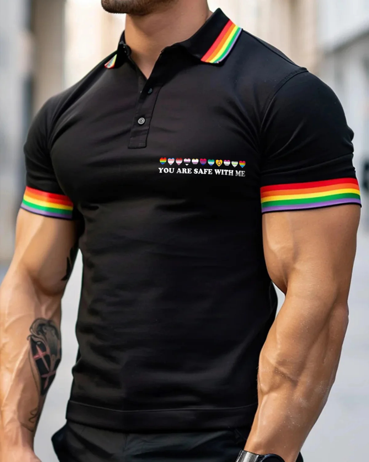 Men's Rainbow Stripes Heart You Are Safe with Me Pride Polo Shirt