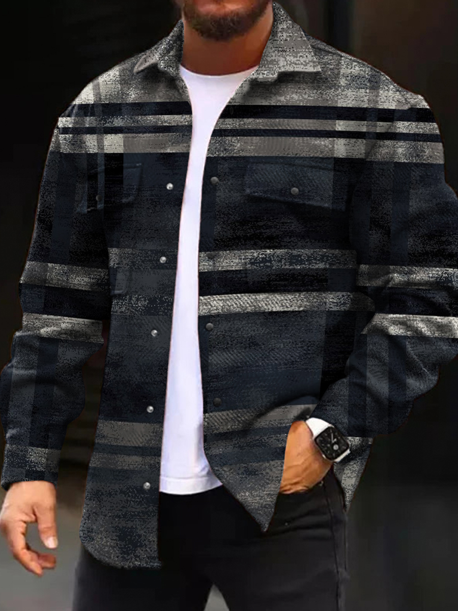 Men's Casual Jacket Retro Abstract Plaid Print Long Sleeve Pockets Shirt Jacket