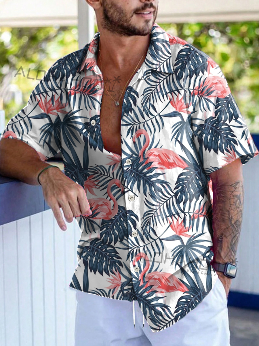 Men's Hawaiian Shirts Tropical Flamingo Palm Pattern Loose Short-Sleeved Shirt
