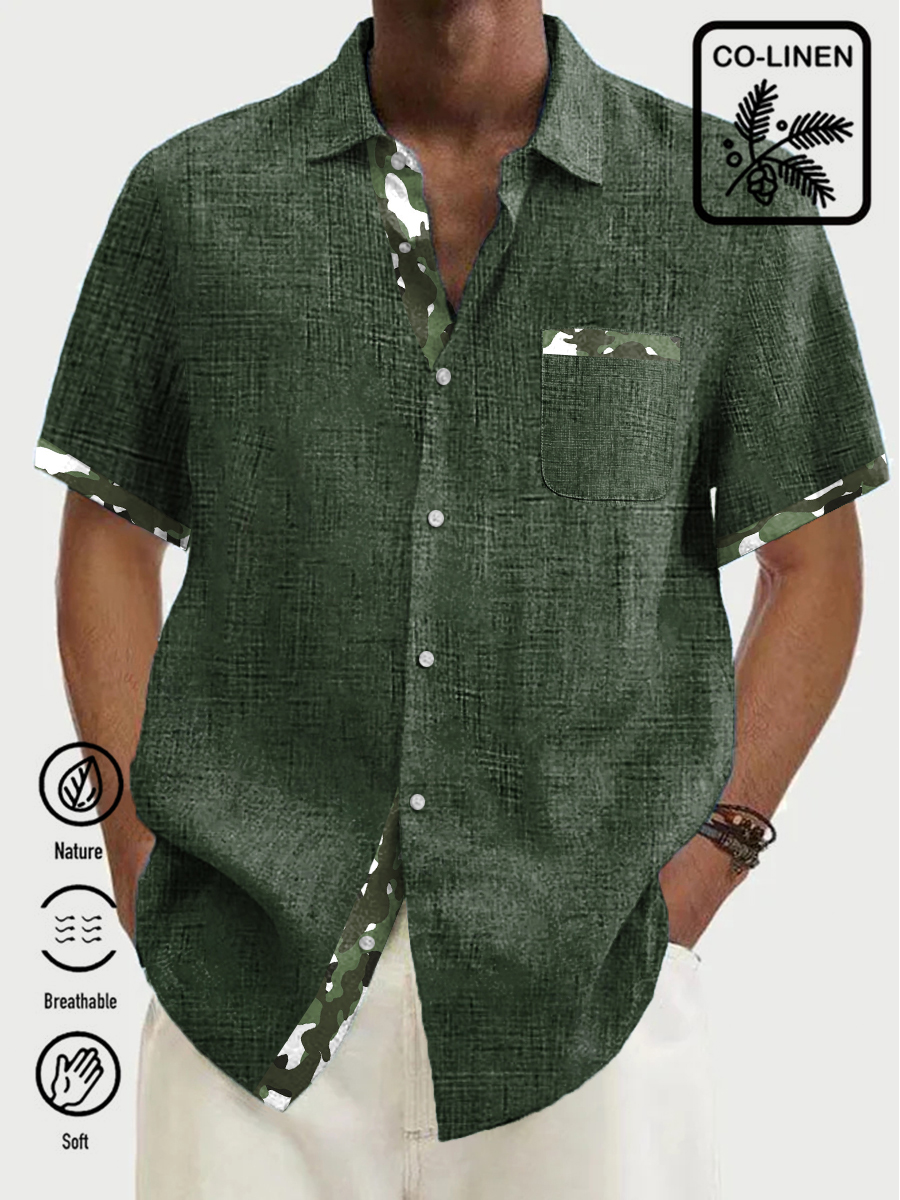 Men's Cotton-Linen Shirts Summer Camouflage Patchwork Lightweight Hawaiian Shirts