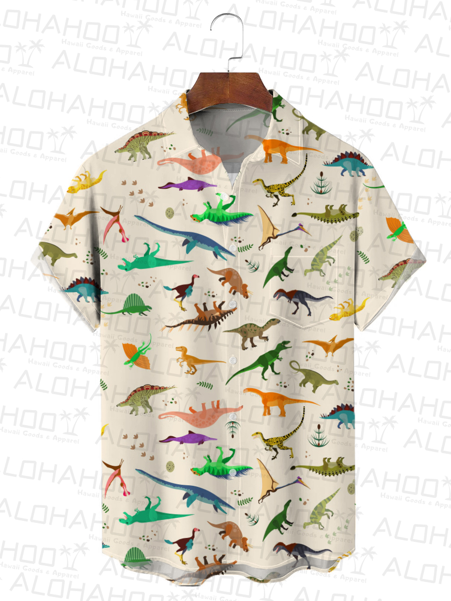 Moisture-wicking Dinosaur Chest Pocket Hawaiian Shirt