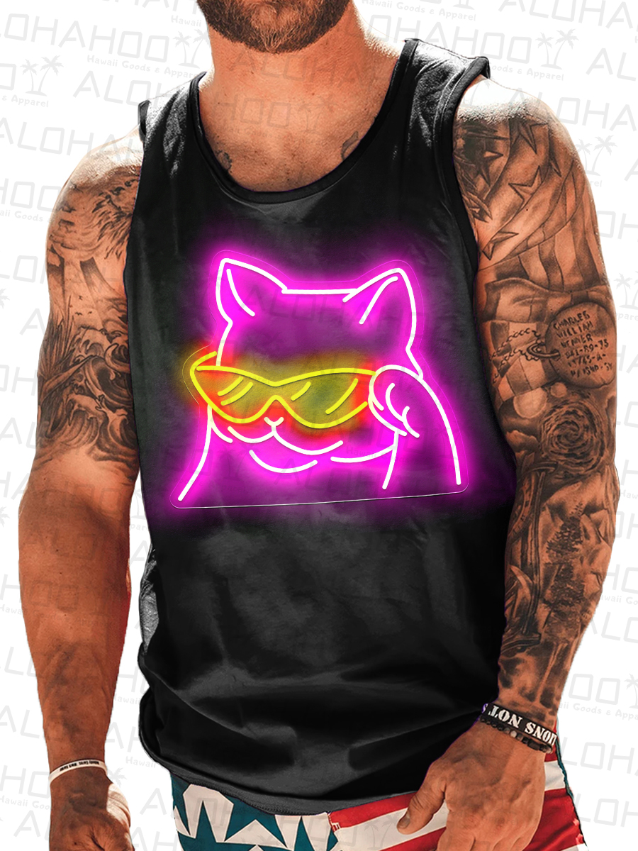 Men's Fun Neon Cat Art Pattern T-Shirt
