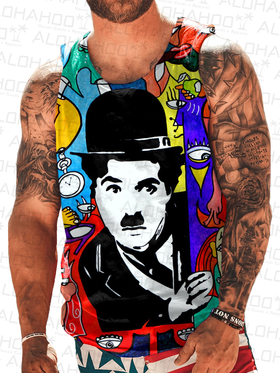 Nostalgic Art Print Crew Neck Tank Top Muscle Tee