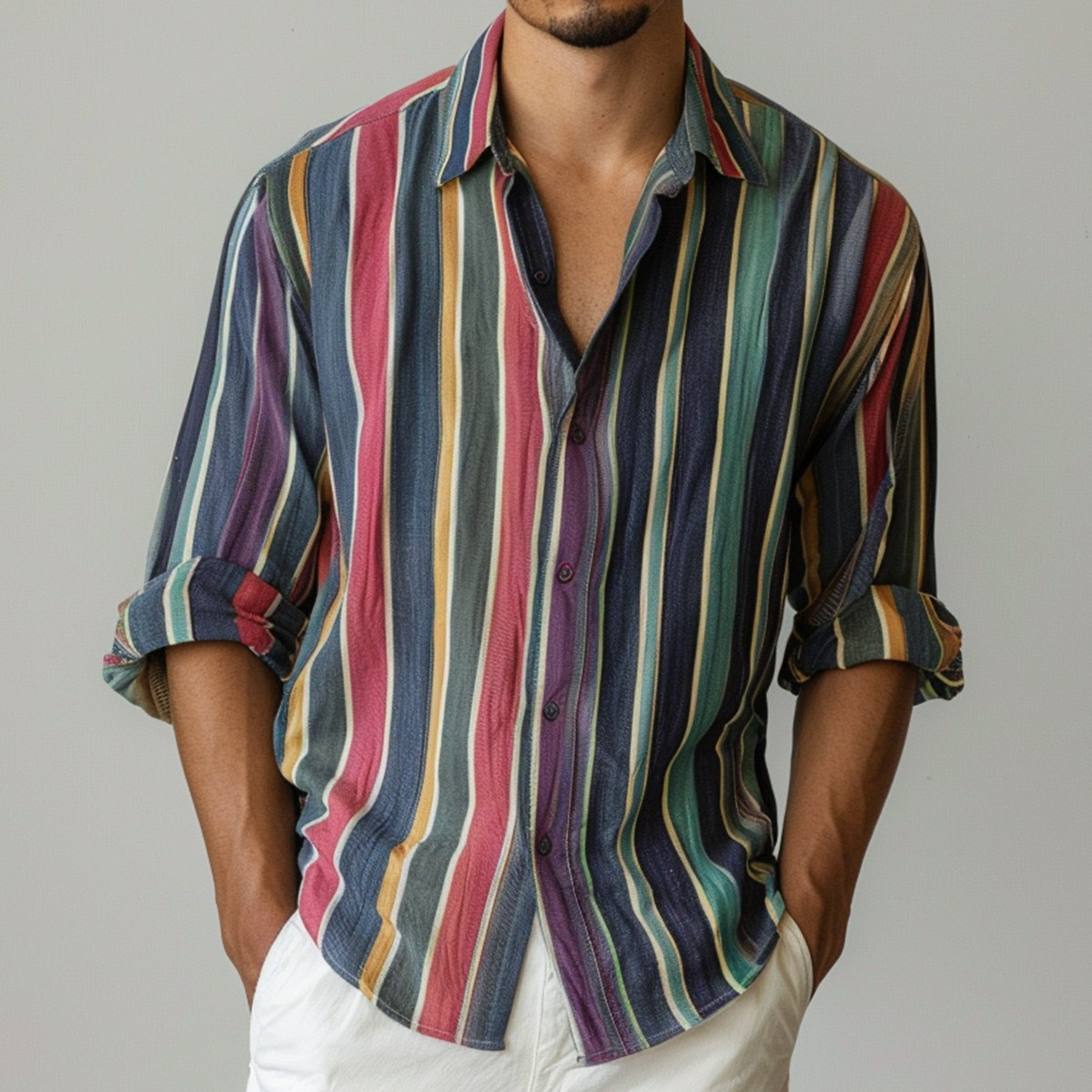 Men's Retro Colorful Stripes Long Sleeve Shirt