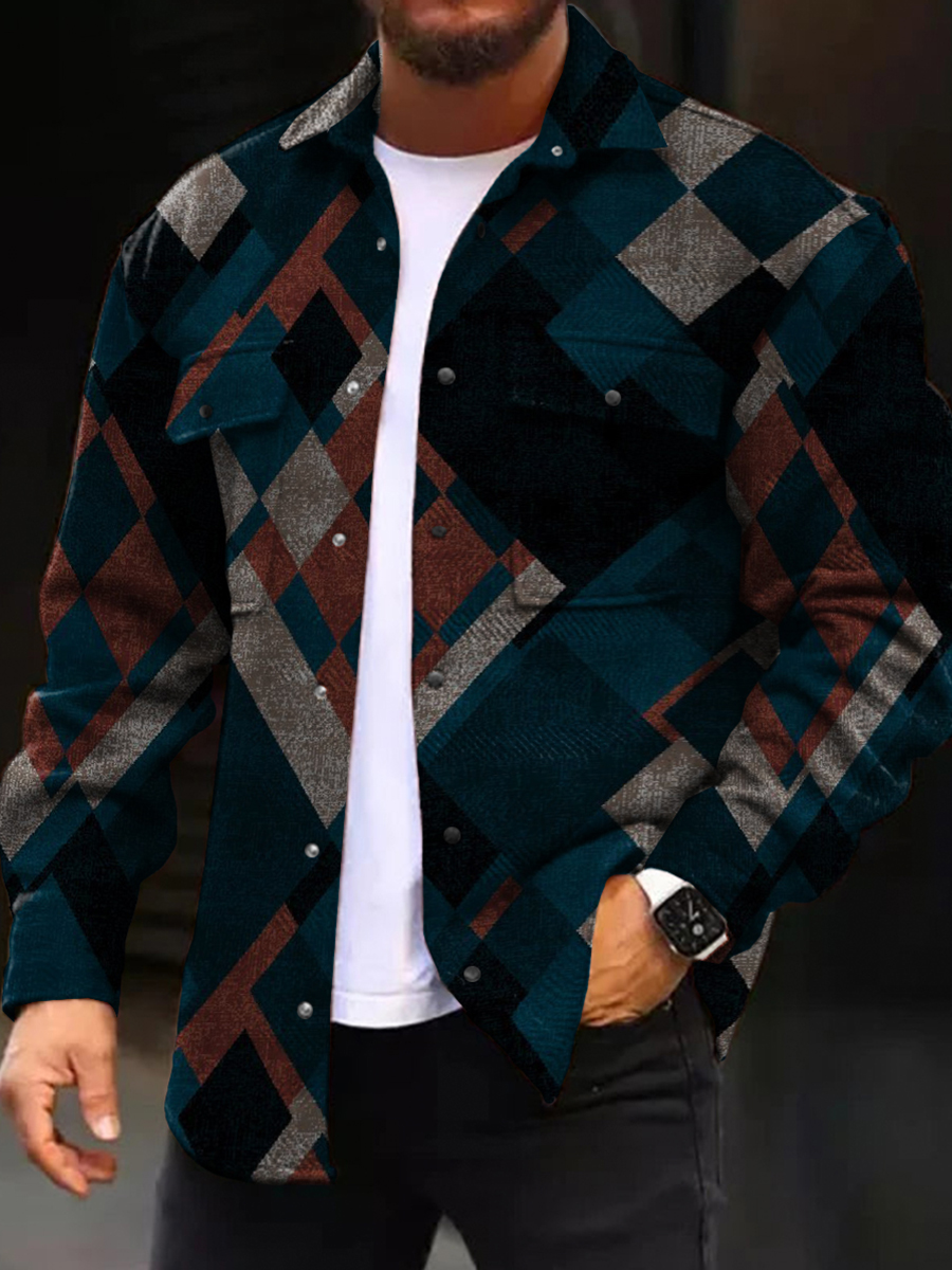 Men's Casual Jacket Retro Plaid Print Long Sleeve Pockets Shirt Jacket