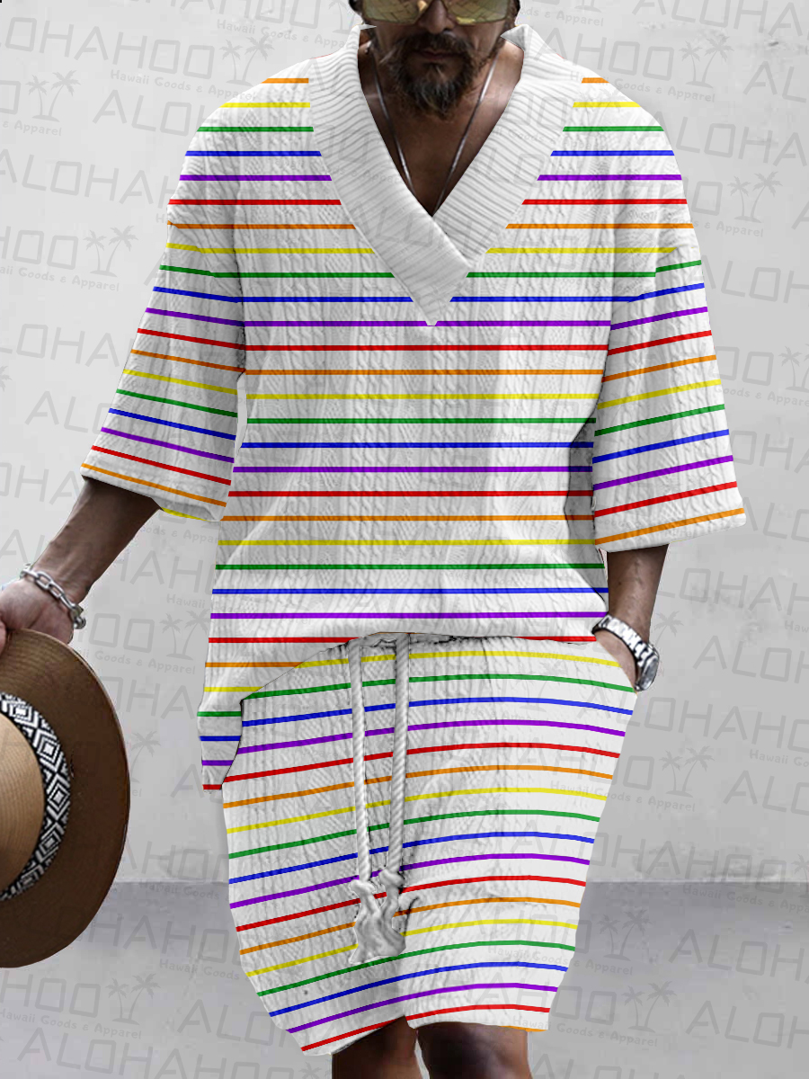 Men's Rainbow Stripes Print Stylish Knit Shirt Set