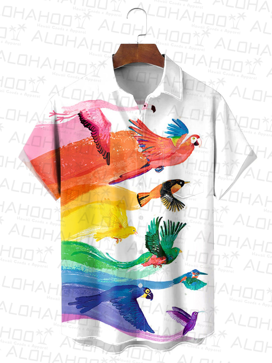 Hawaiian Rainbow Birds Art Print Chest Pocket Casual Shirt