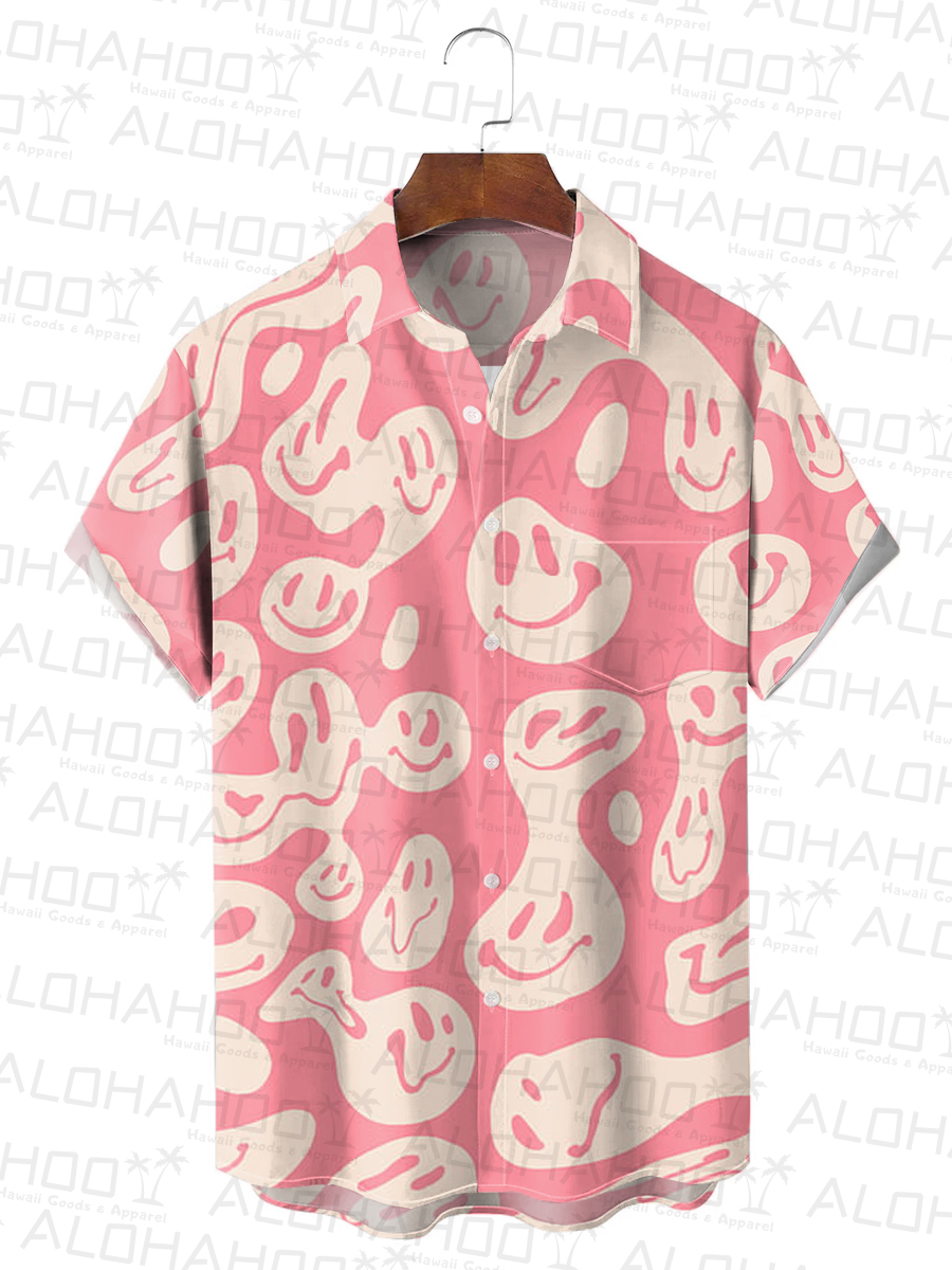 Men's Hawaiian Shirt Pink Smile Print Beach Easy Care Short Sleeve Shirt