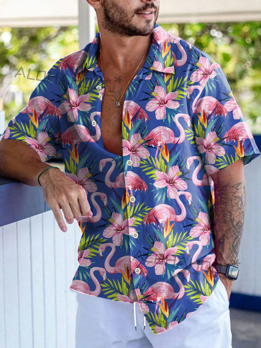 Men's Hawaiian Shirts Tropical Flamingo Palm Pattern Loose Short-Sleeved Shirt
