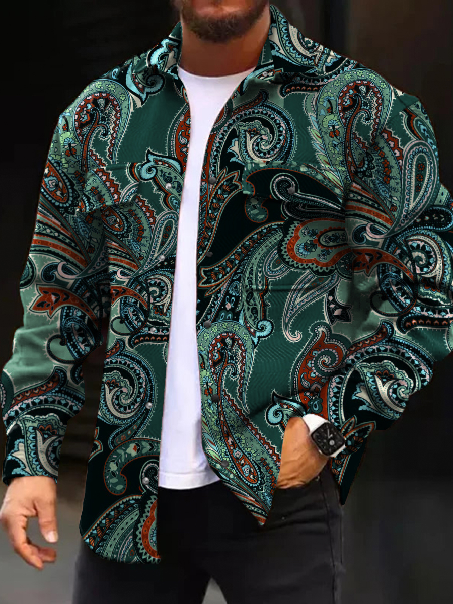 Men's Casual Jacket Retro Paisley Pattern Long Sleeve Pockets Shirt Jacket