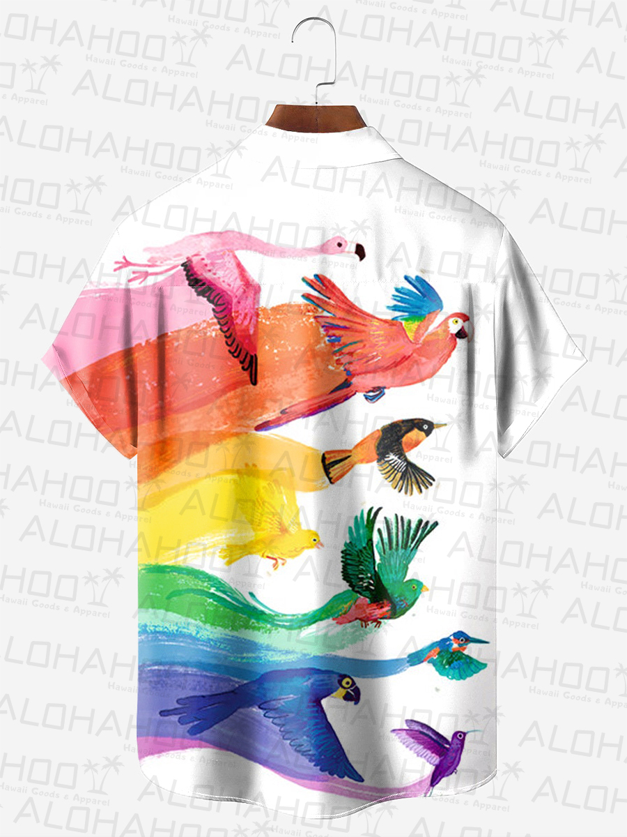 Hawaiian Rainbow Birds Art Print Chest Pocket Casual Shirt