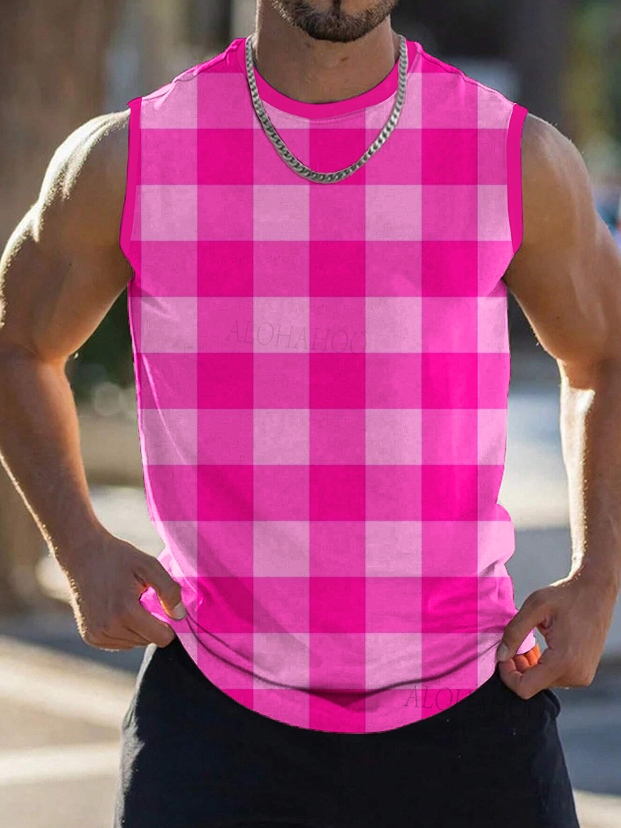 Men's Tank Top Doll Pink Style Plaid Print Cozy Sleeveless T-Shirt