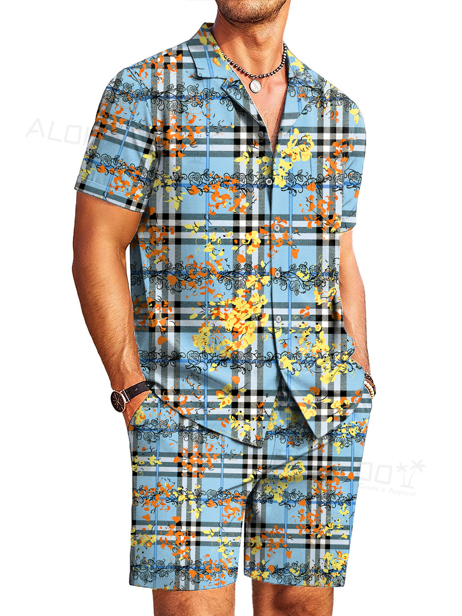 Men's Sets Stylish Floral Plaid Print Button Pocket Two-Piece Hawaiian Shirt Shorts Set