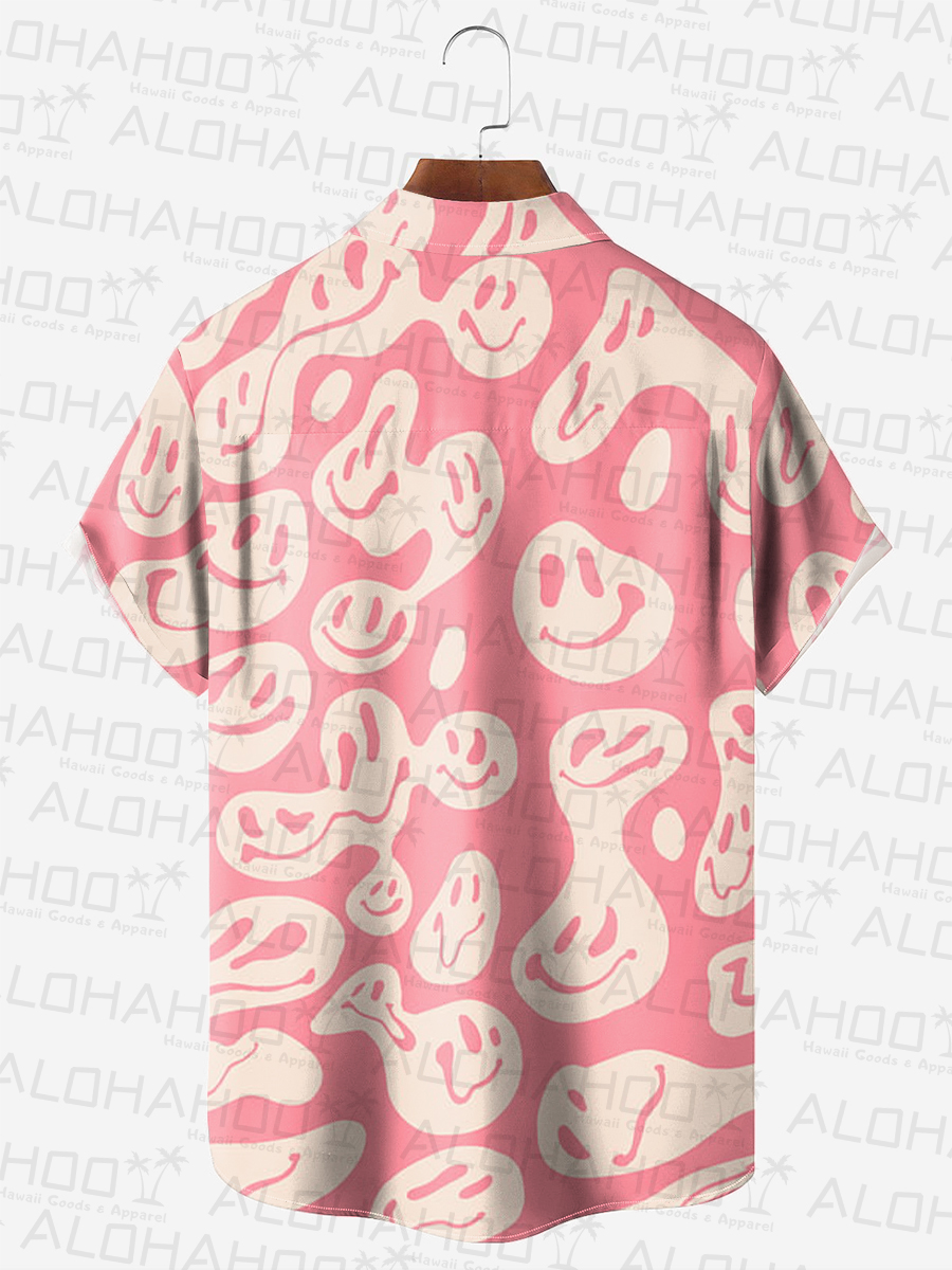 Men's Hawaiian Shirt Pink Smile Print Beach Easy Care Short Sleeve Shirt