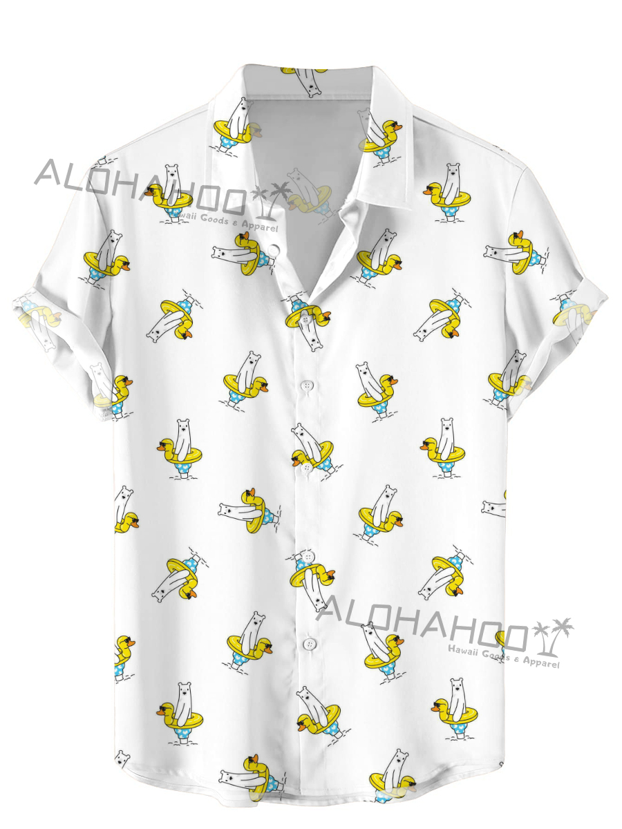Men's Hawaiian Shirts Cute Cartoon Polar Bear Pattern Easy Care Short-Sleeved Shirt