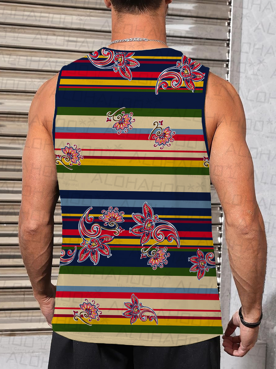 Men's Stripes Paisley Pattern Crew Neck Tank Top