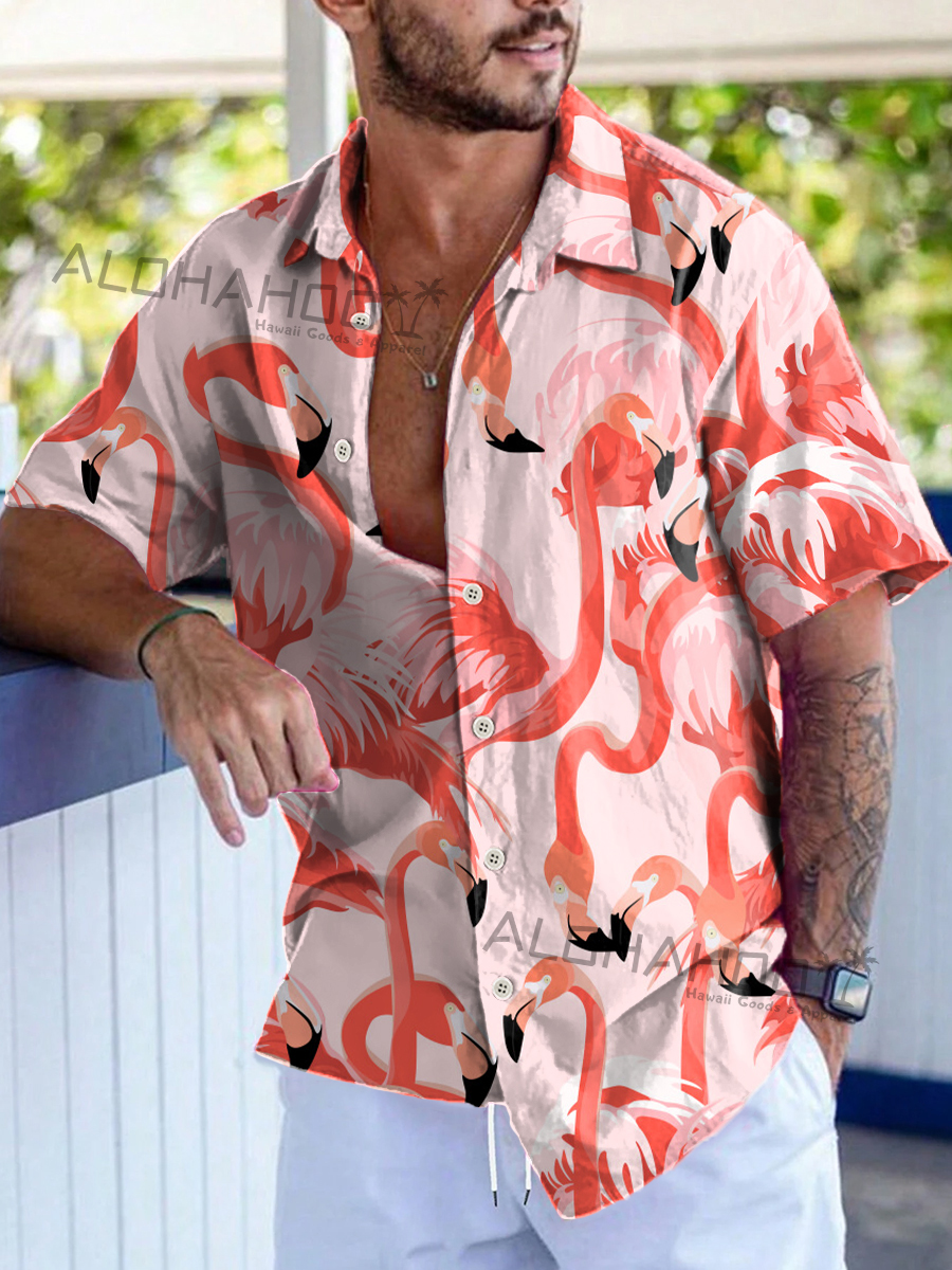 Men's Hawaiian Shirts Tropical Flamingo Pattern Loose Short-Sleeved Shirt