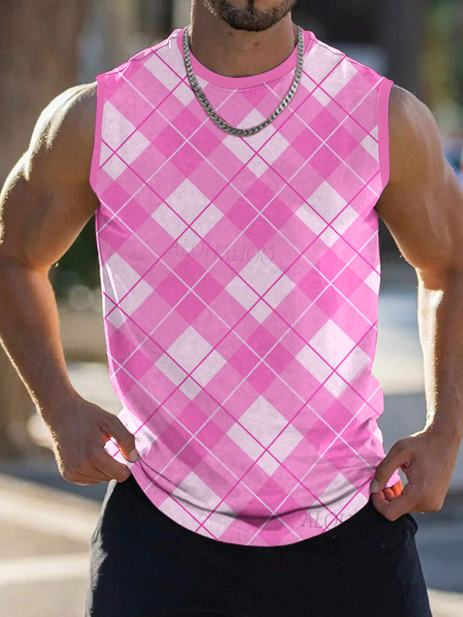 Men's Tank Top Doll Pink Style Plaid Print Cozy Sleeveless T-Shirt