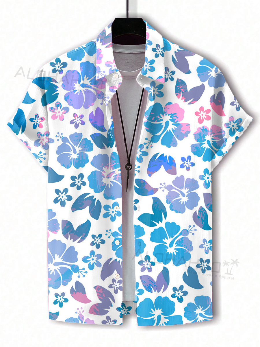 Men's Hawaiian Shirts Tropical Hibiscus Pattern Loose Short-Sleeved Shirt