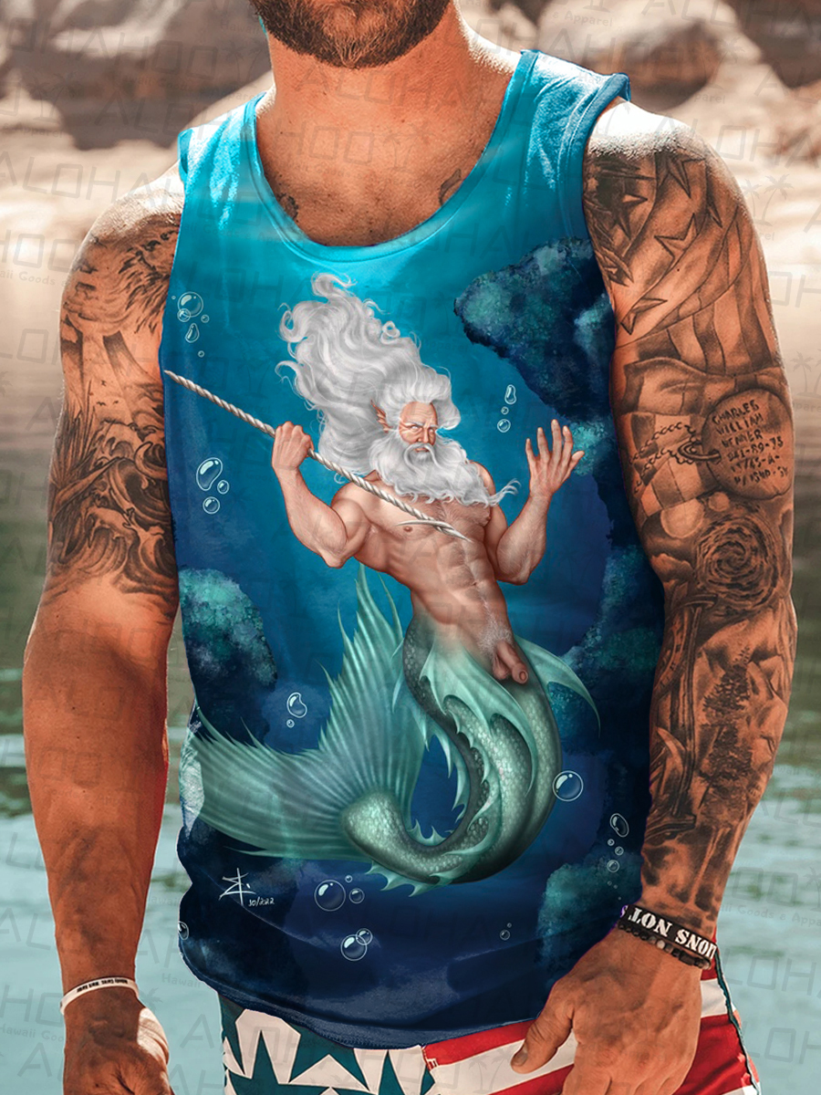 Men's Sexy Pride Merman Art Print Crew Neck Tank Top Muscle Tee