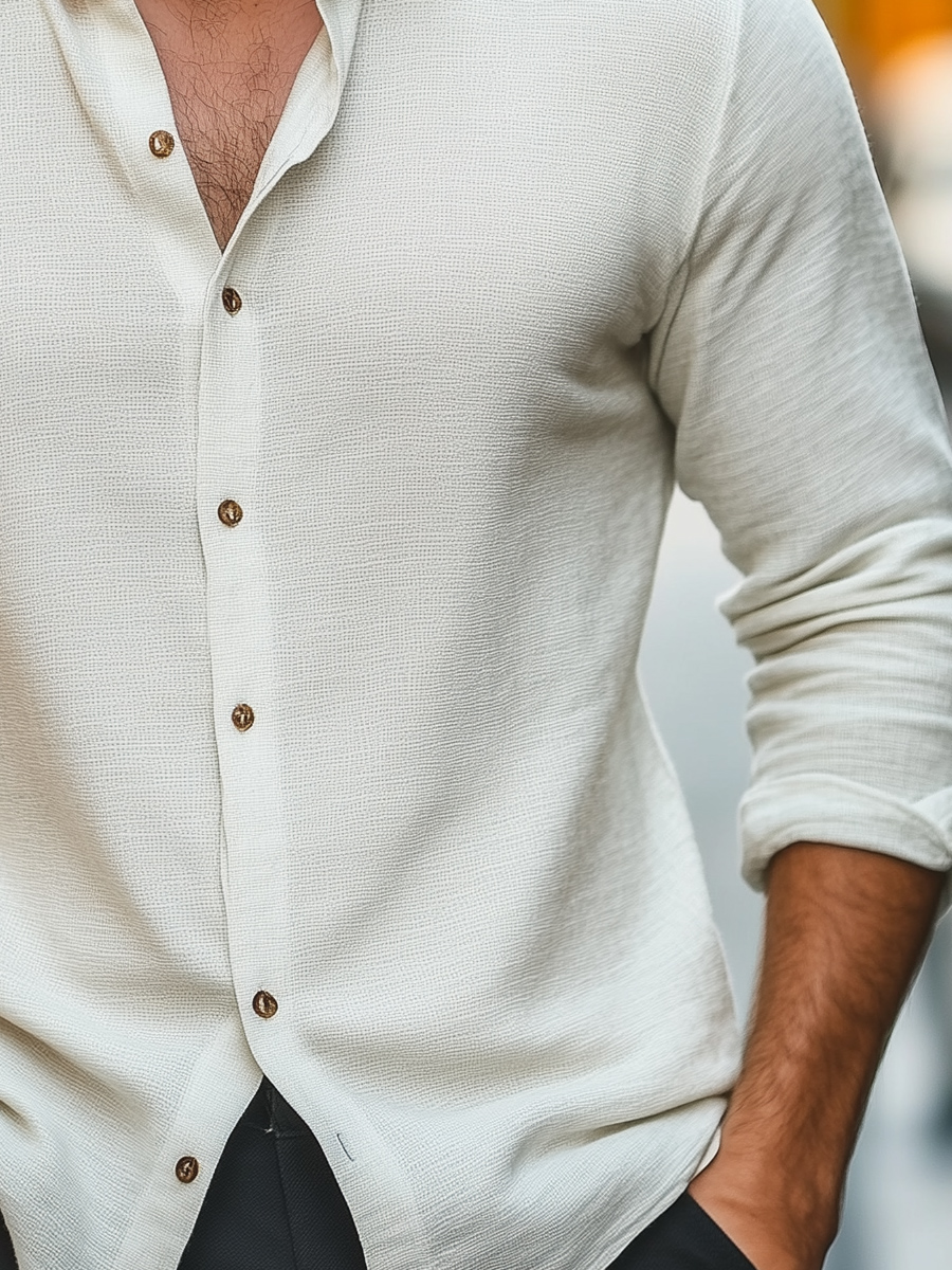 Men's Classic White Linen Textured Button-Up Shirt