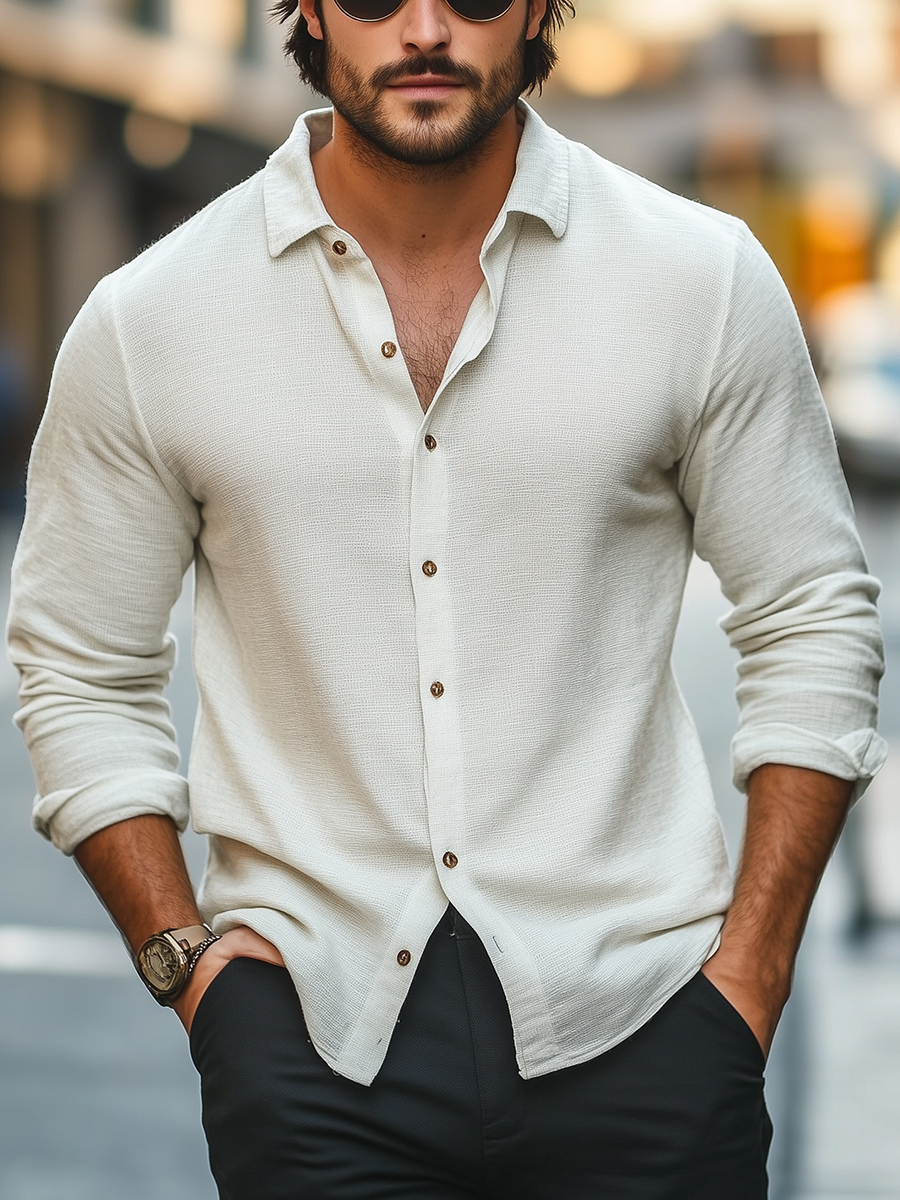 Men's Classic White Linen Textured Button-Up Shirt