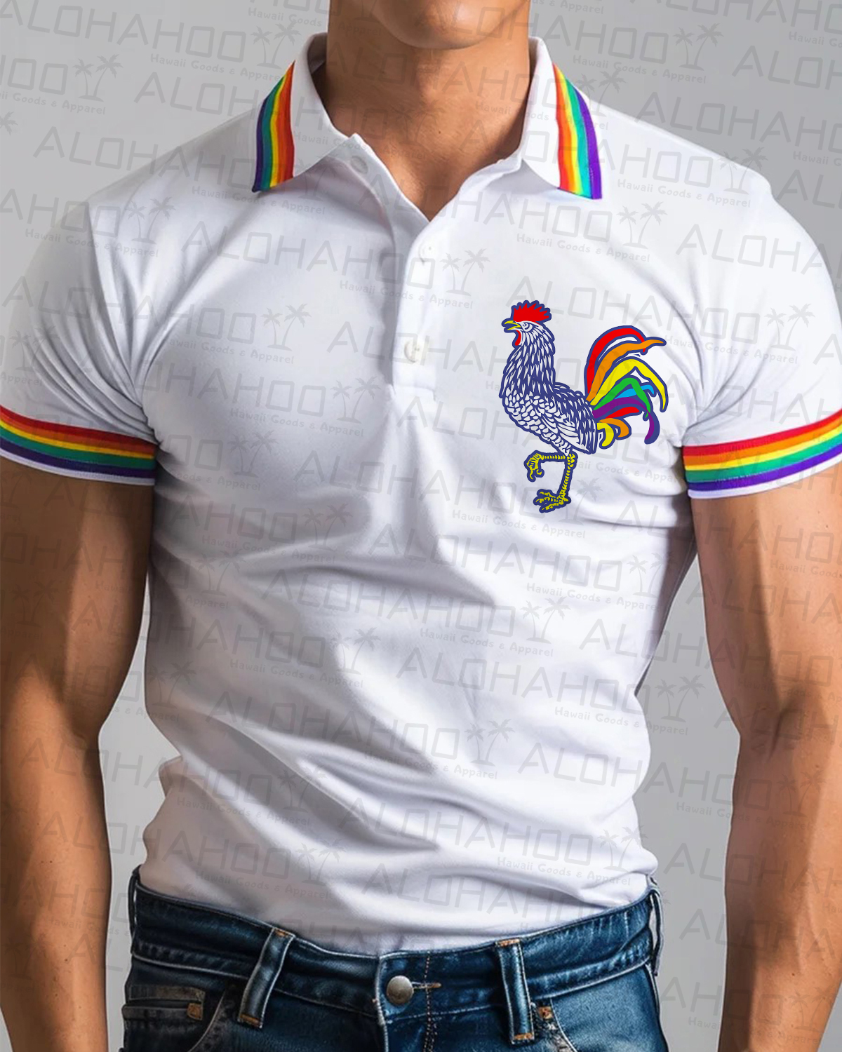 Men's Rainbow Stripes Cocky Pride Polo Shirt